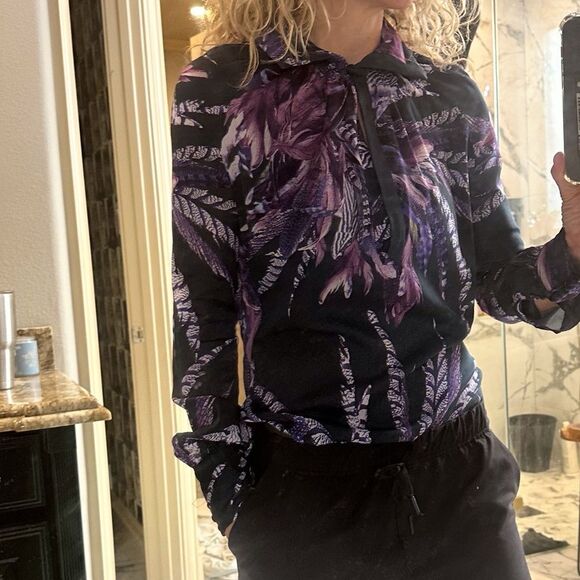 Just Cavalli | S |feather print vintage cavalli blouse long sleeve modest blouse - Picture 2 of 10